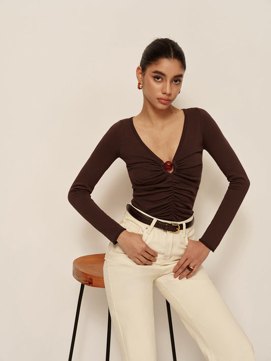 V Neck Cutout Pleated Slim Knit Top Dark Brown / S Knit Tops