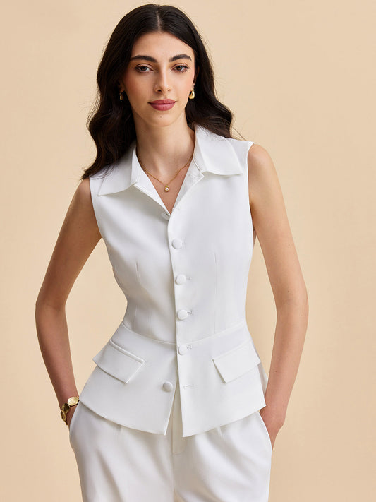 Pockets Buttoned Sleeveless Pants Set Pant Sets