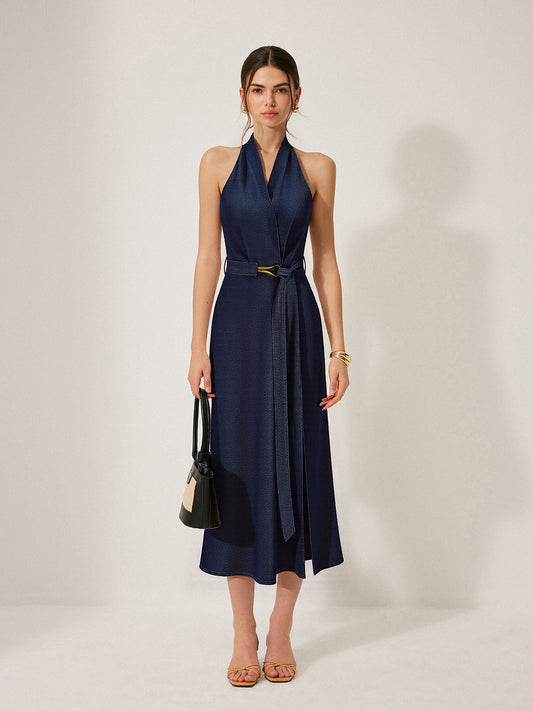 Denim Belted Halter Neck Midi Dress Navy / XS Denim Dresses