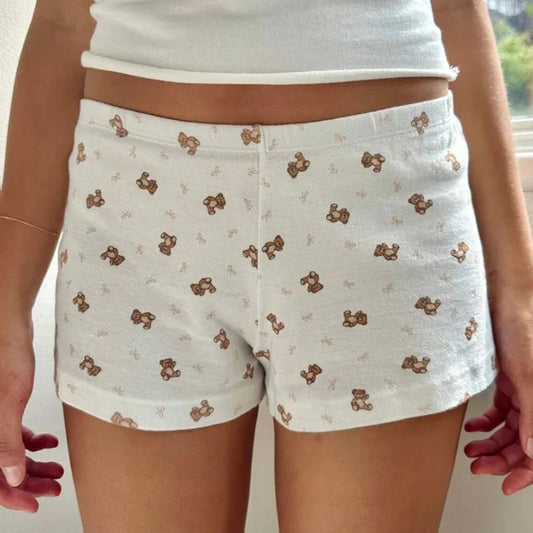 Bear Print Retro Slim Fit Camis Low Rise Shorts Two Pieces Set