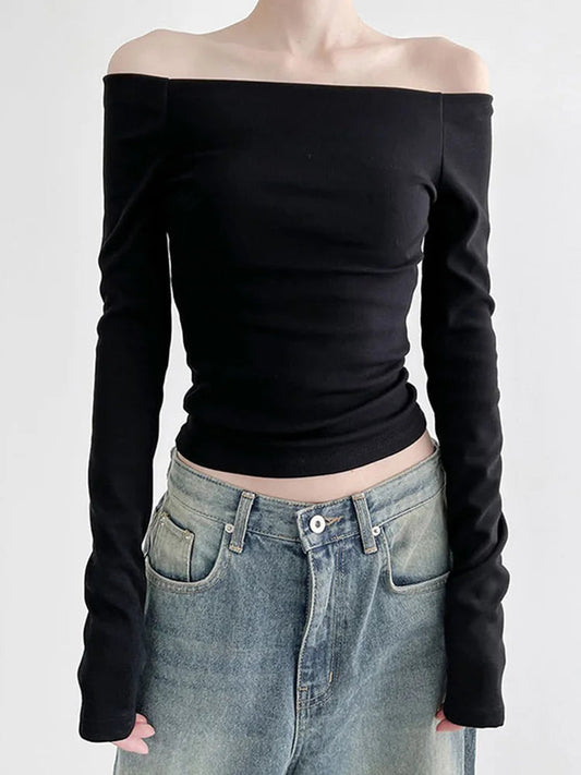 Black Slash Neck Elegant Long Sleeve Slim Knit Top