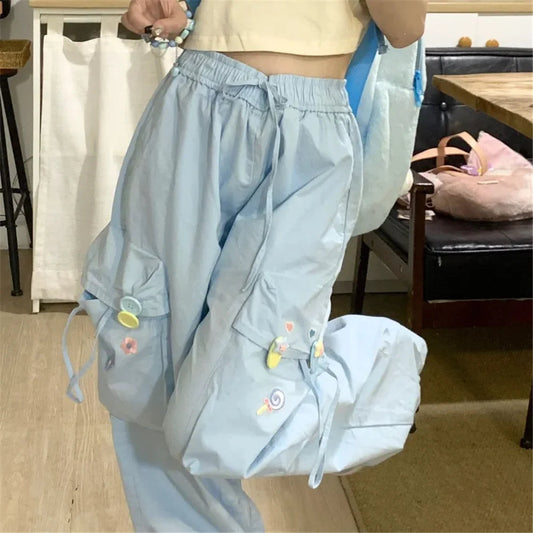 Blue Sweet Embroidered Casual Japanese Trend Pant