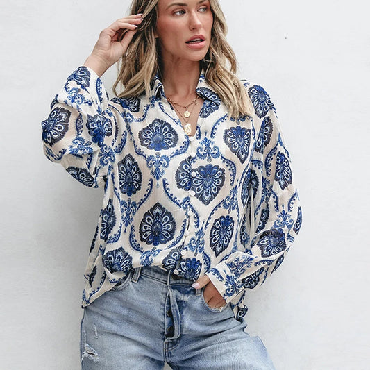 Blue Floral Printed Long Sleeve V-Neck Boho Bloshope