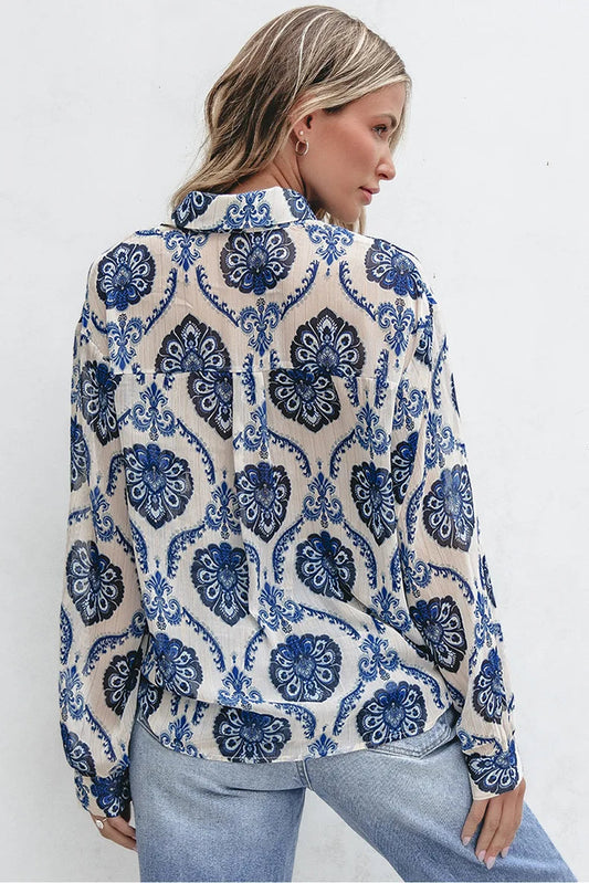 Blue Floral Printed Long Sleeve V-Neck Boho Bloshope
