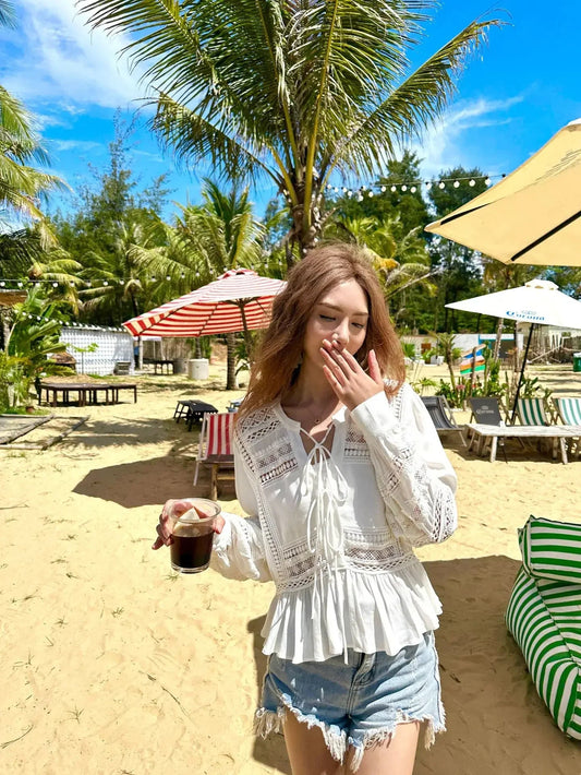 Hollow Out Lace Ethnic Long Sleeve Ruffles Boho Bloshope