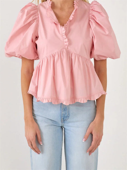 Puff Sleeve Ruffle Trim V-neck Bloshope