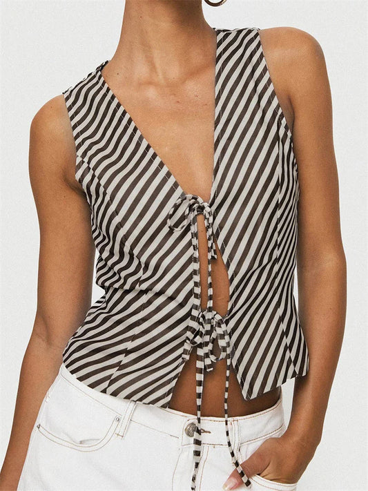 Striped Deep V-neck Tie-up Office Crop Top