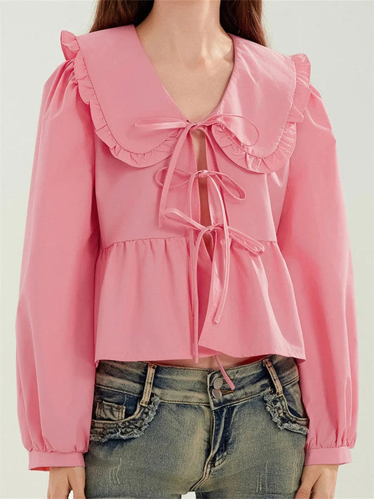 Ruffled Turn-Down Neck Tie-Up Bloshope