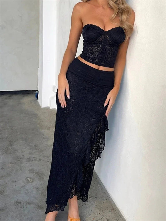 Lace Floral Bshoptiers Crop Top High Split Long Skirt Set