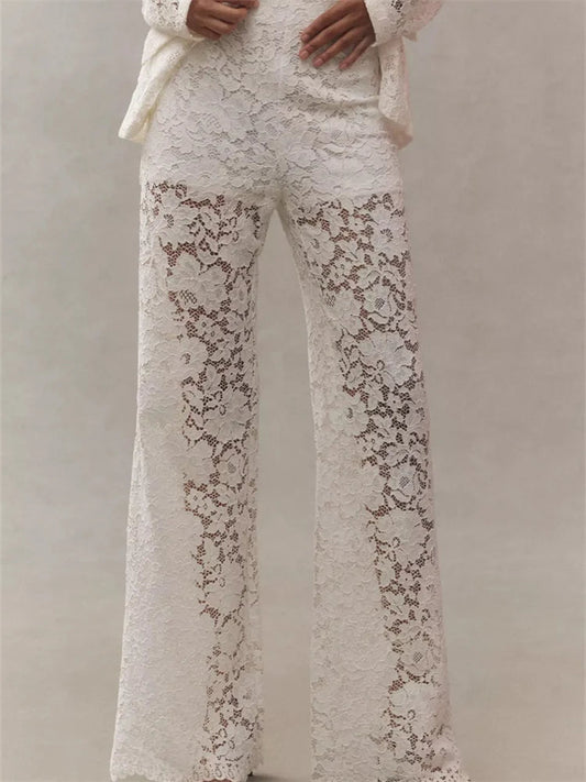 Lace Floral Loose Wide Leg See-Through Mesh Pant