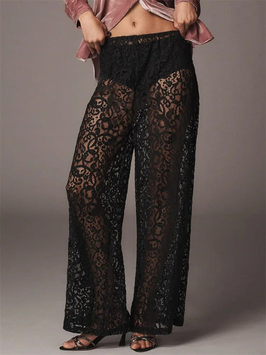 Lace Floral Mesh See-Through Black Wide Leg Pant