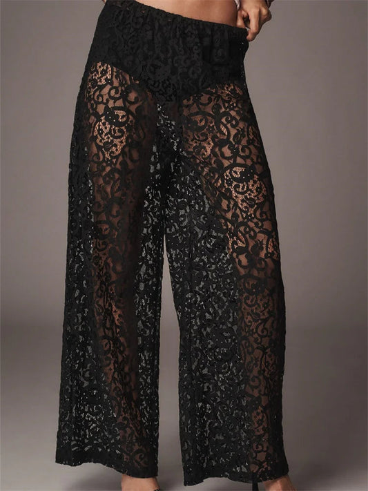 Lace Floral Mesh See-Through Black Wide Leg Pant