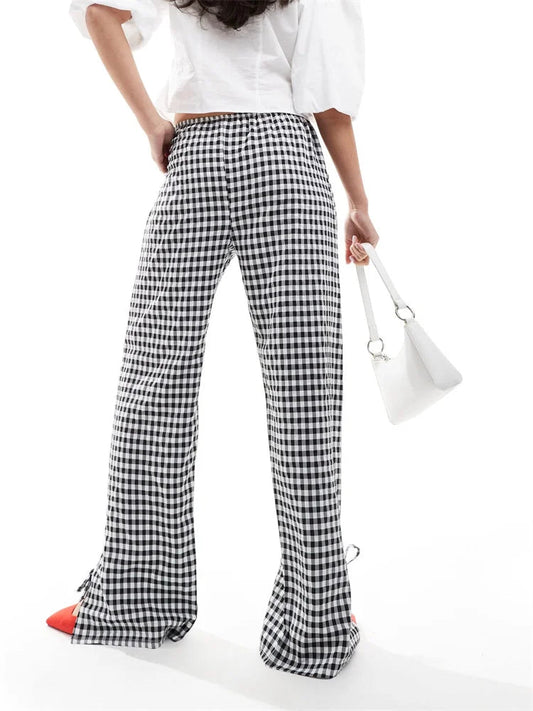 Plaid Split Tie-Up Loose Wide Leg Summer Pant