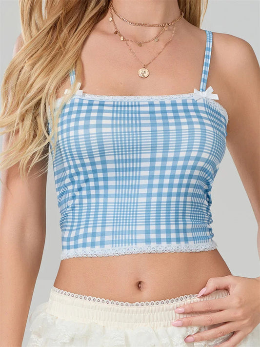 Plaid Bow Lace Trim Square Neck Crop Top