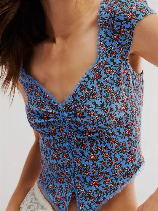 Retro Slim Fit Floral Button V-neck Crop Top