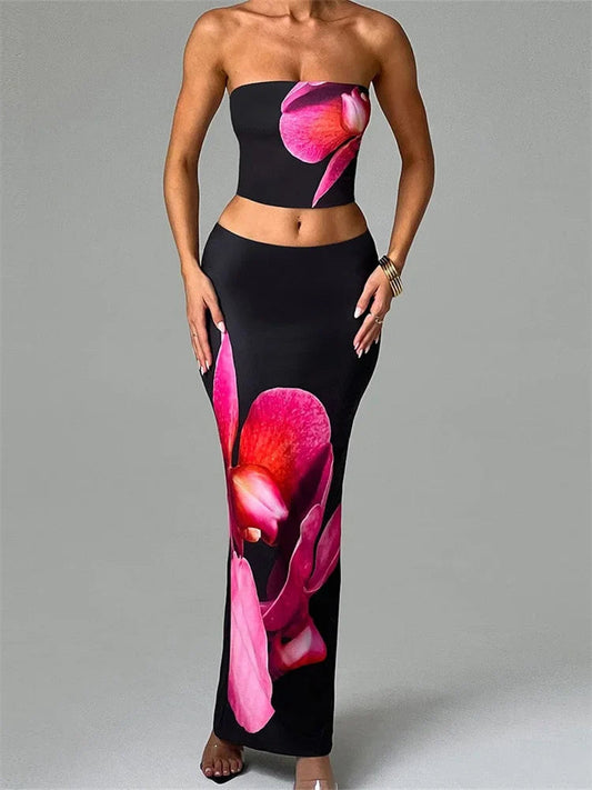 Sexy Floral Print Tube Top Elastic Waist Bodycon Skirt Set