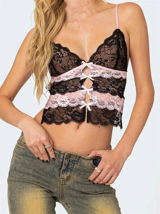 Slim Lace Bowknot Cutout Spaghetti Crop Top