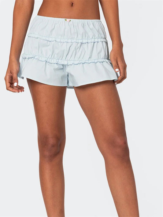 Ruffled Solid Elastic Waist Short