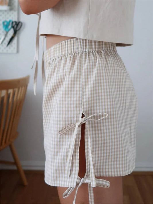 Plaid Split Lace-Up HolLow Short