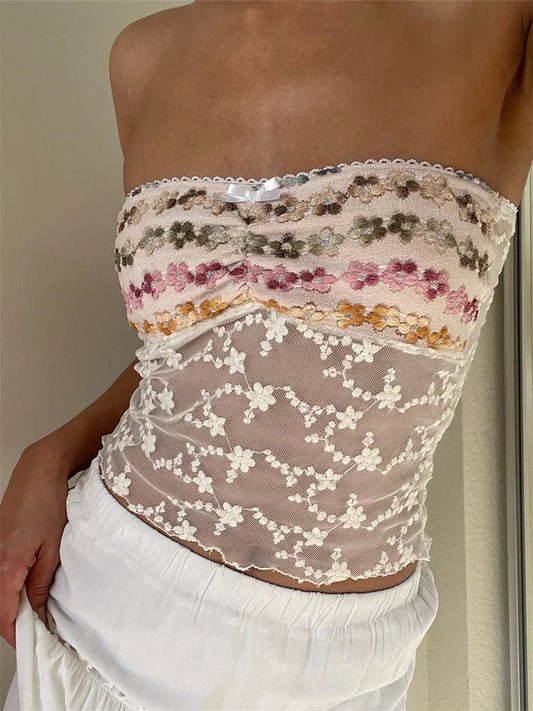 Vintage Embroidery Flower Strapless Tube Crop Top
