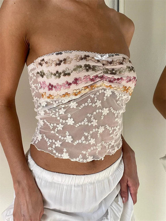 Vintage Embroidery Flower Strapless Tube Crop Top