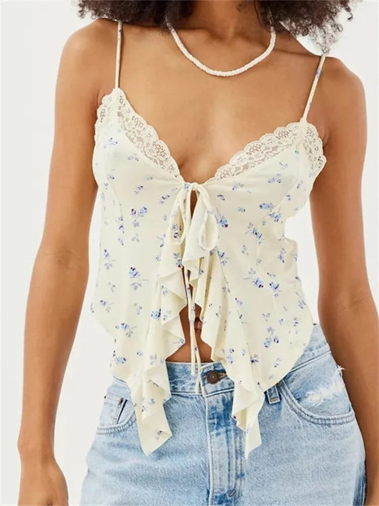 Floral Lace Trim Ruffle Split Strap Crop Top