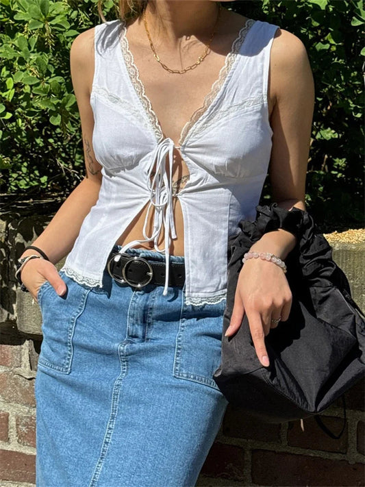 Vintage Lace Patchwork Bow Tie-up Crop Top