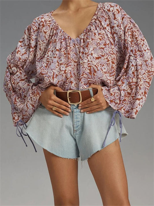 Floral Tie-Up Flare Sleeve Boho Bloshope