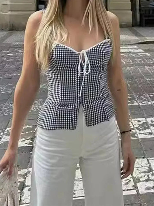 Plaid Backless Tie-up Front Split Tank Crop Top