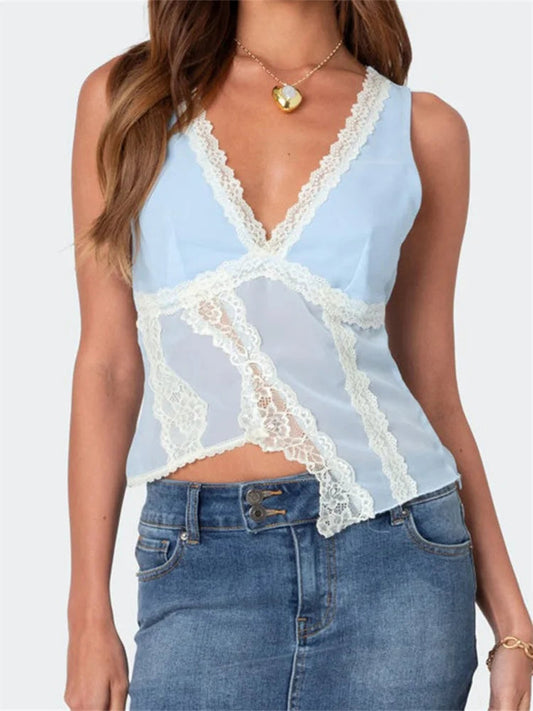 Asymmetrical Lace Trim Deep V-neck Slim Crop Top