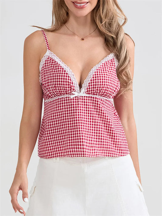 Plaid Lace Trim Spaghetti Strap Tank Crop Top