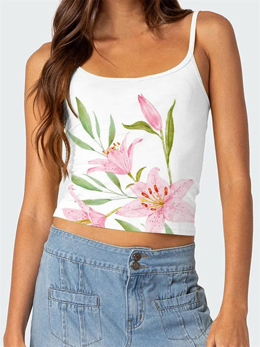 Floral Backless Spaghetti Strap Retro Crop Top
