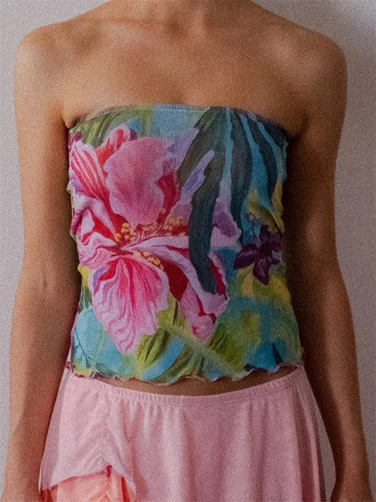 Flower Print Strapless Backless Tube Crop Top
