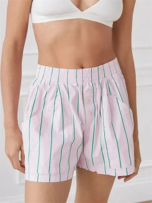 Striped Button High Waist Short
