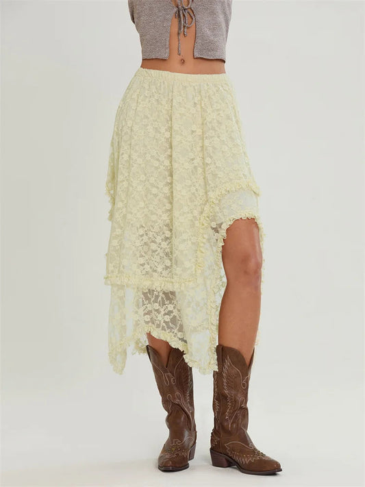 Midi Lace Floral Irregular Hem Elastic Waist Summer Skirt