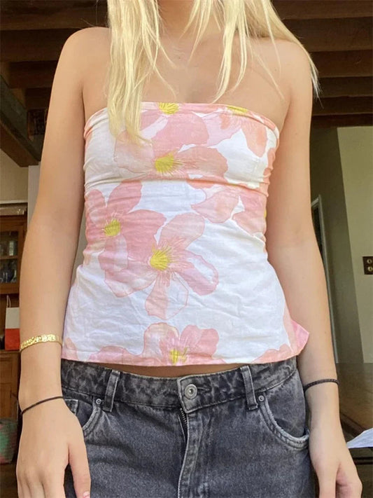 Floral Strapless Backless Party Club Crop Top