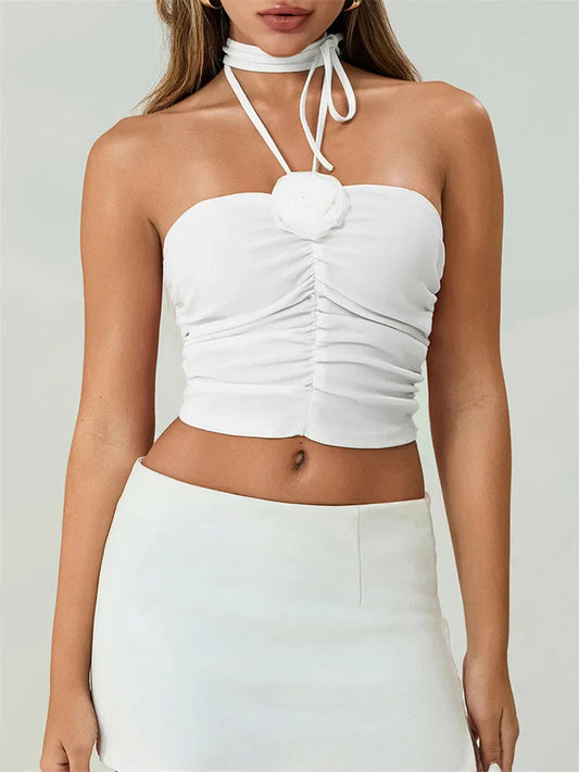 Off Shoulder 3D Flower Ruched Tube Crop Top