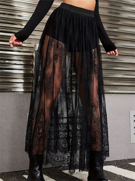 Lace Floral Long Maxi Skirt Solid Mesh Built-in Shorts Skirt