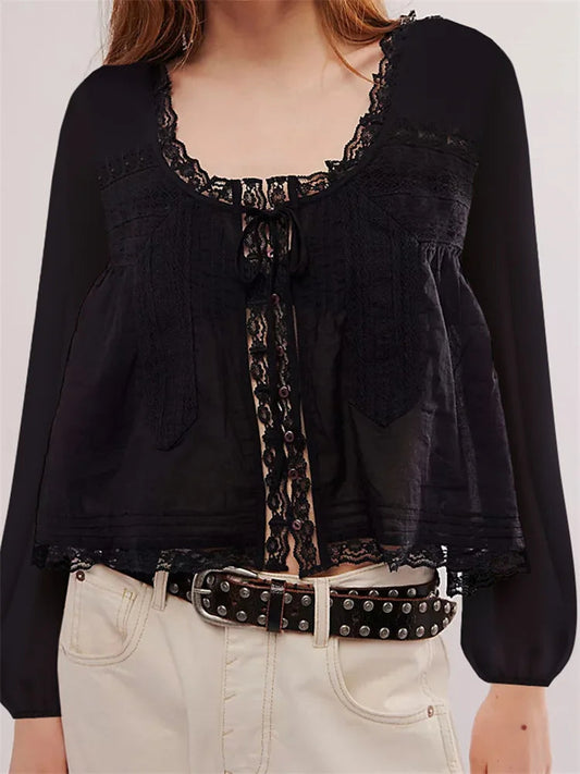 Lace Patchwork Button Tie-Up Bloshope