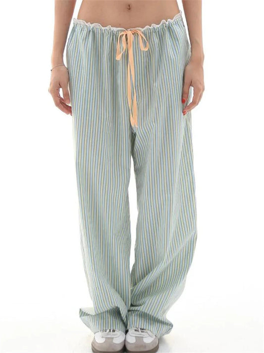Striped Ruffles Drawstring Elastic Waist Casual Pant