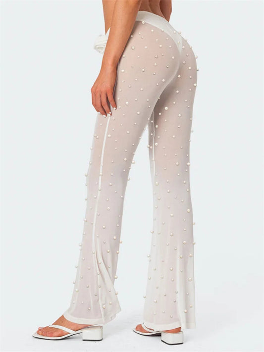 Pearl Patchwork Mesh See-Through Elastic Waist Pant