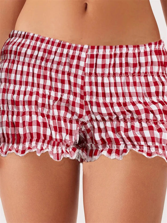 Solid Plaid Ruched Slim Short