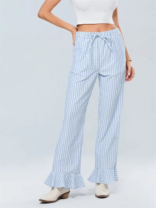 Plaid Flared Drawstring High Waist Casual Pant