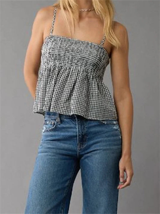 Plaid Ruffle Hem Square Neck Spaghetti Crop Top