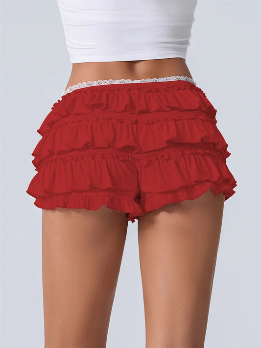 Ruched Lace Tiered Ruffled Short
