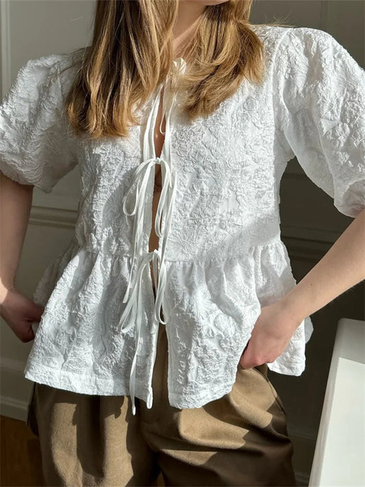 Flower Ruched Front Tie-Up Bloshope