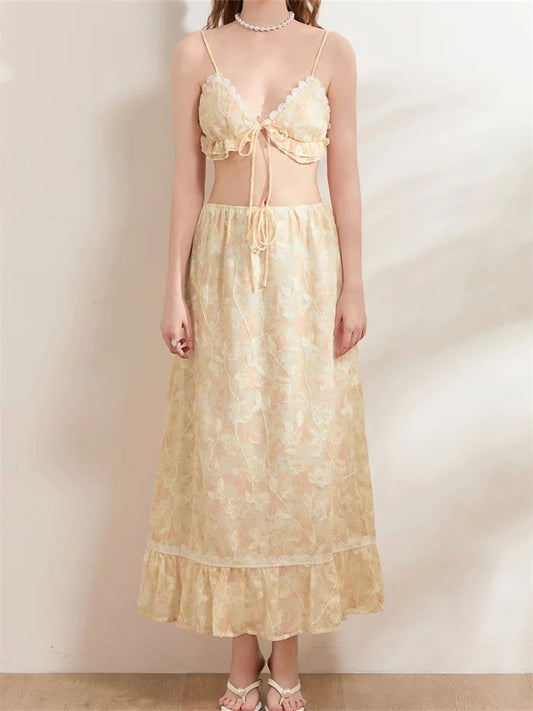 Backless Tie-up Camisoles Crop Top with Long Skirts Set