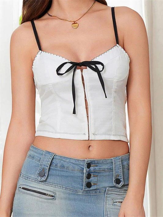 Slim Bow Tie-up Spaghetti Strap Button Crop Top