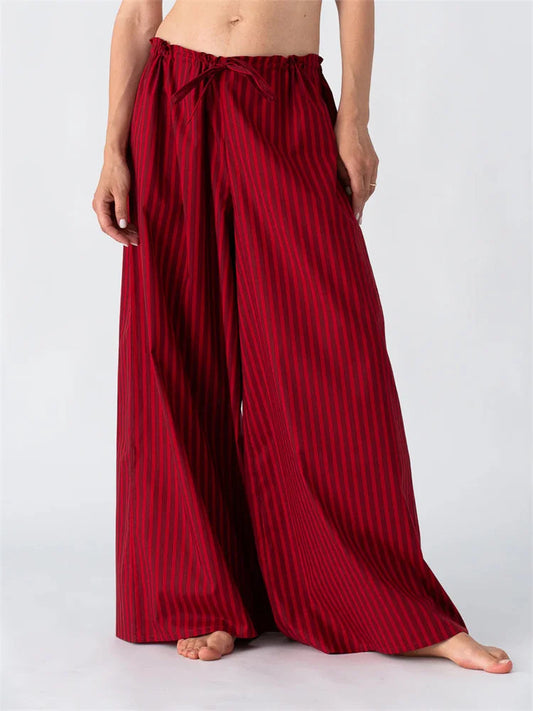 Solid/Striped Baggy Drawstring Casual Wide Pant