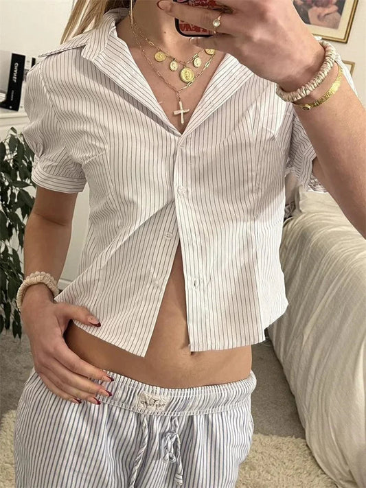 Striped Short Sleeve Button Closure Bloshope